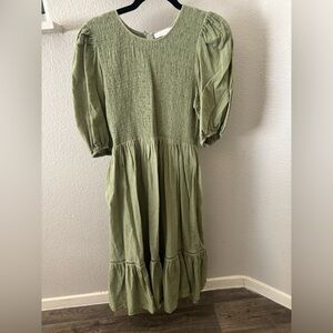 Olive Green Dress w/ Puff Sleeves
